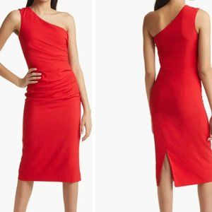 Dress the Population One-Shoulder Red Ruched Sheath Dress